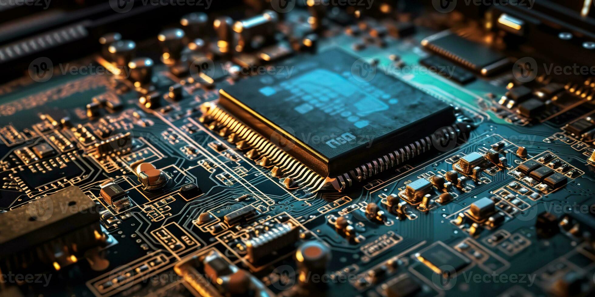 AI Generated. AI Generative. PC computer micro chip processor motherboard background. Digital data future background science vibe. Graphic Art photo