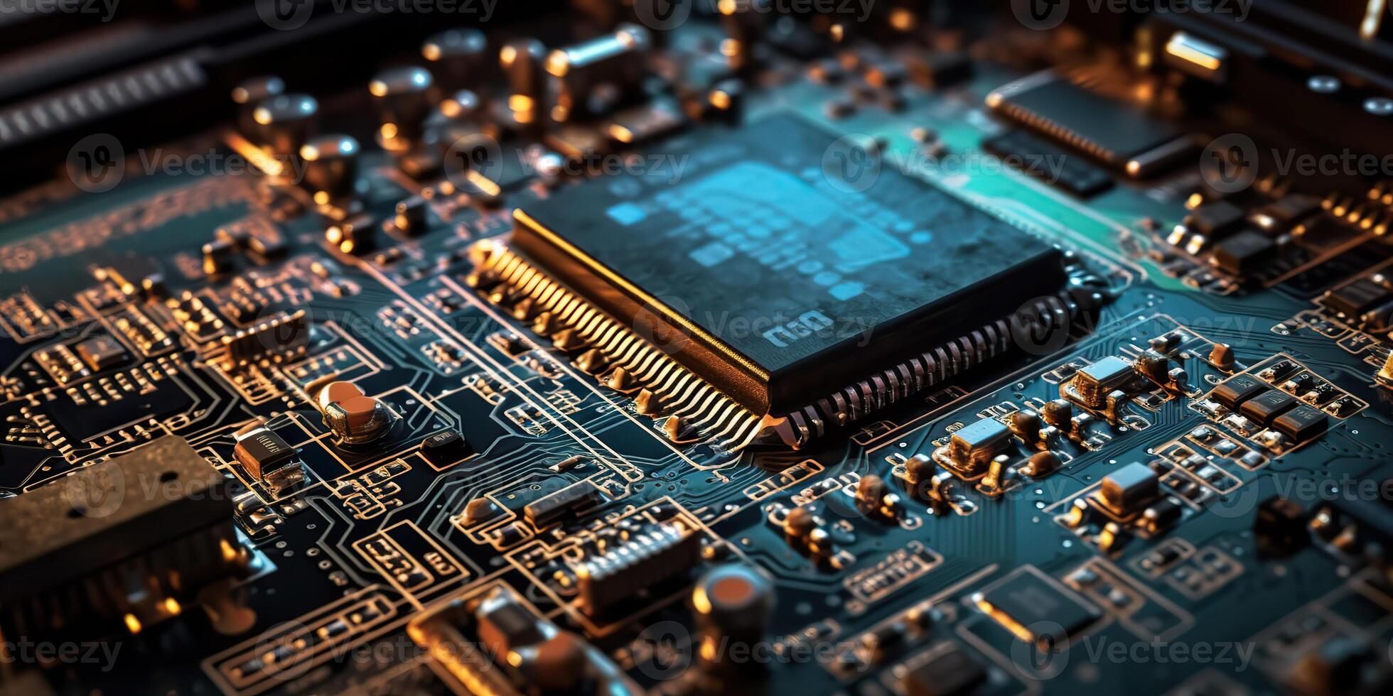 . . PC computer micro chip processor motherboard background. Digital data future background science vibe. Graphic Art photo