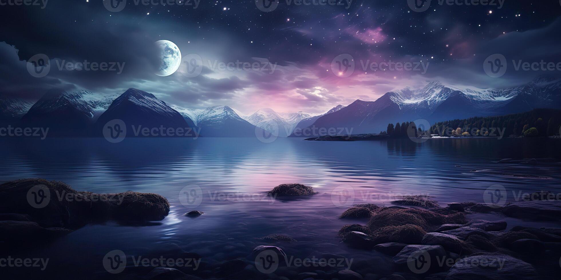 AI Generated. AI Generative. Outdoor nature landscape adventure vacation evening nigh lake with moutaine background. Graphic Art photo