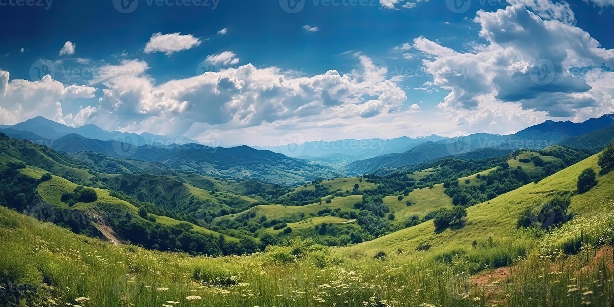 ai generado. ai generativo. aventuras al aire libre salvaje vacaciones viaje paisaje hermosa antecedentes. montañas valle. gráfico Arte foto