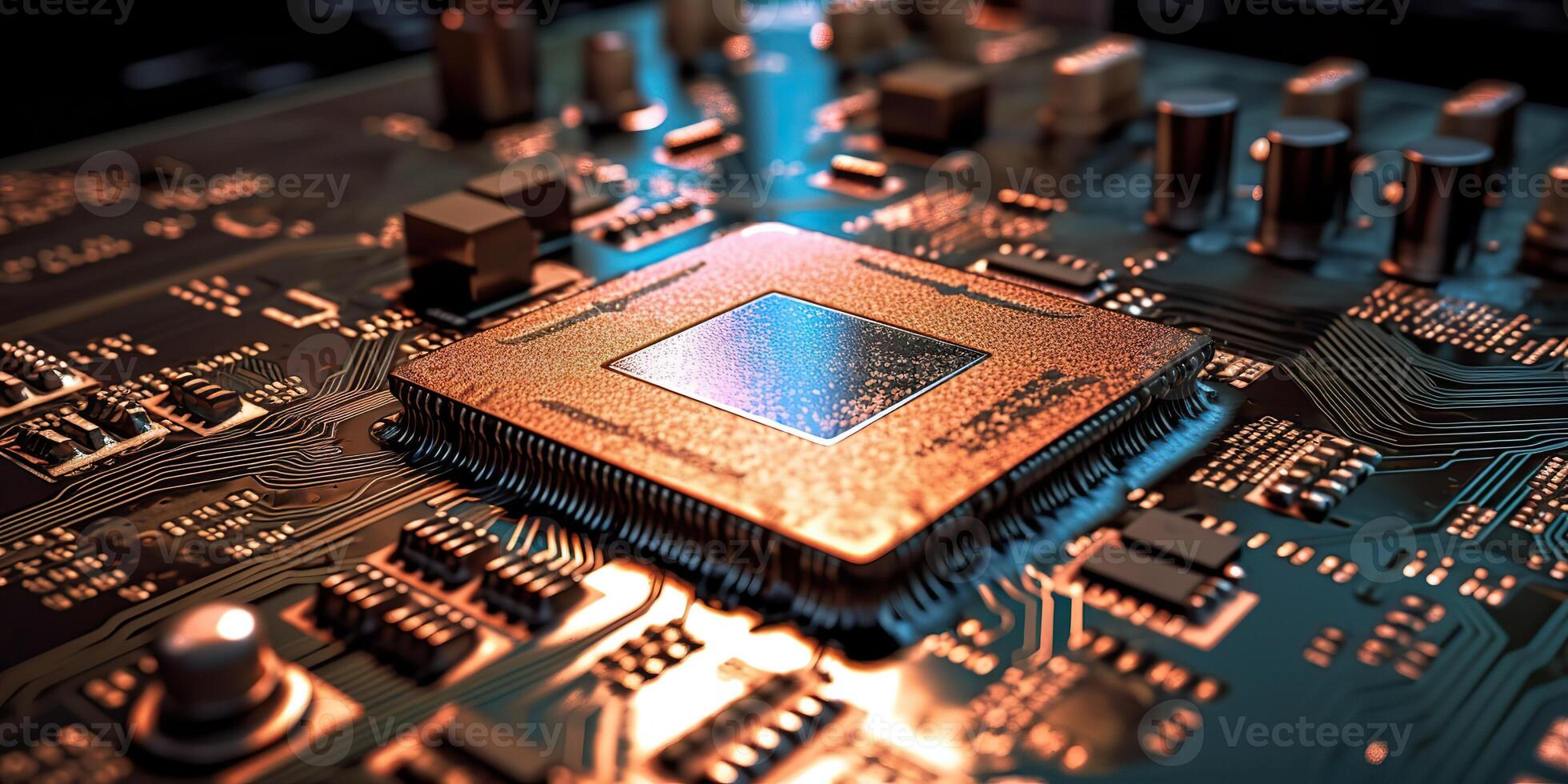 . . PC computer micro chip processor motherboard background. Digital data future background science vibe. Graphic Art photo