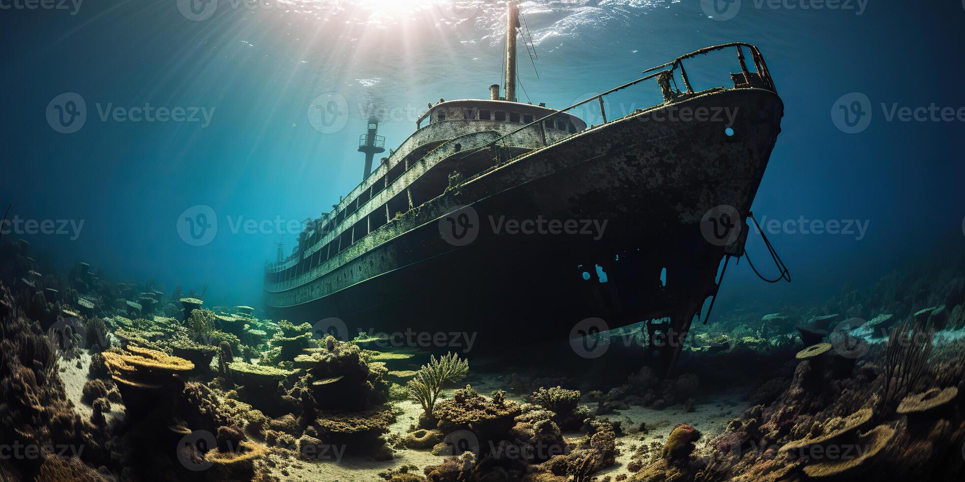 AI Generated. AI Generative. Under water sea ocean scuba difing adventures. Underwater explore trip old histiry ship. Nautical marine deep bluew vibe.Graphic Art photo