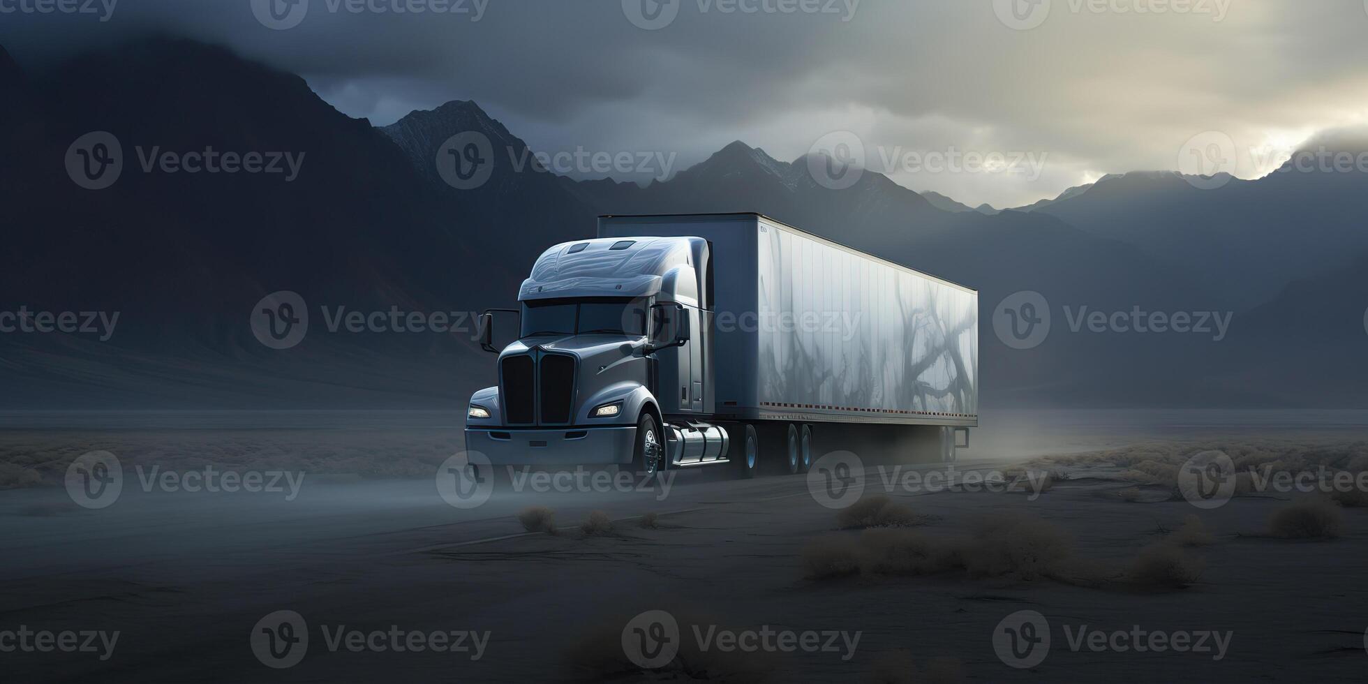 . . Modern huge cargo truck on mountain road move. Shipping delivery commerical trip. Graphic Art photo