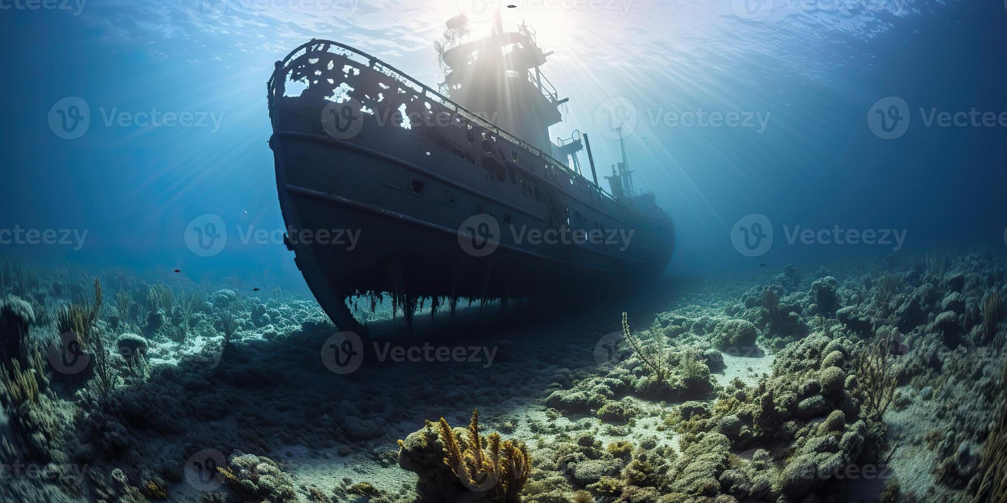 AI Generated. AI Generative. Under water sea ocean scuba difing adventures. Underwater explore trip old histiry ship. Nautical marine deep bluew vibe.Graphic Art photo