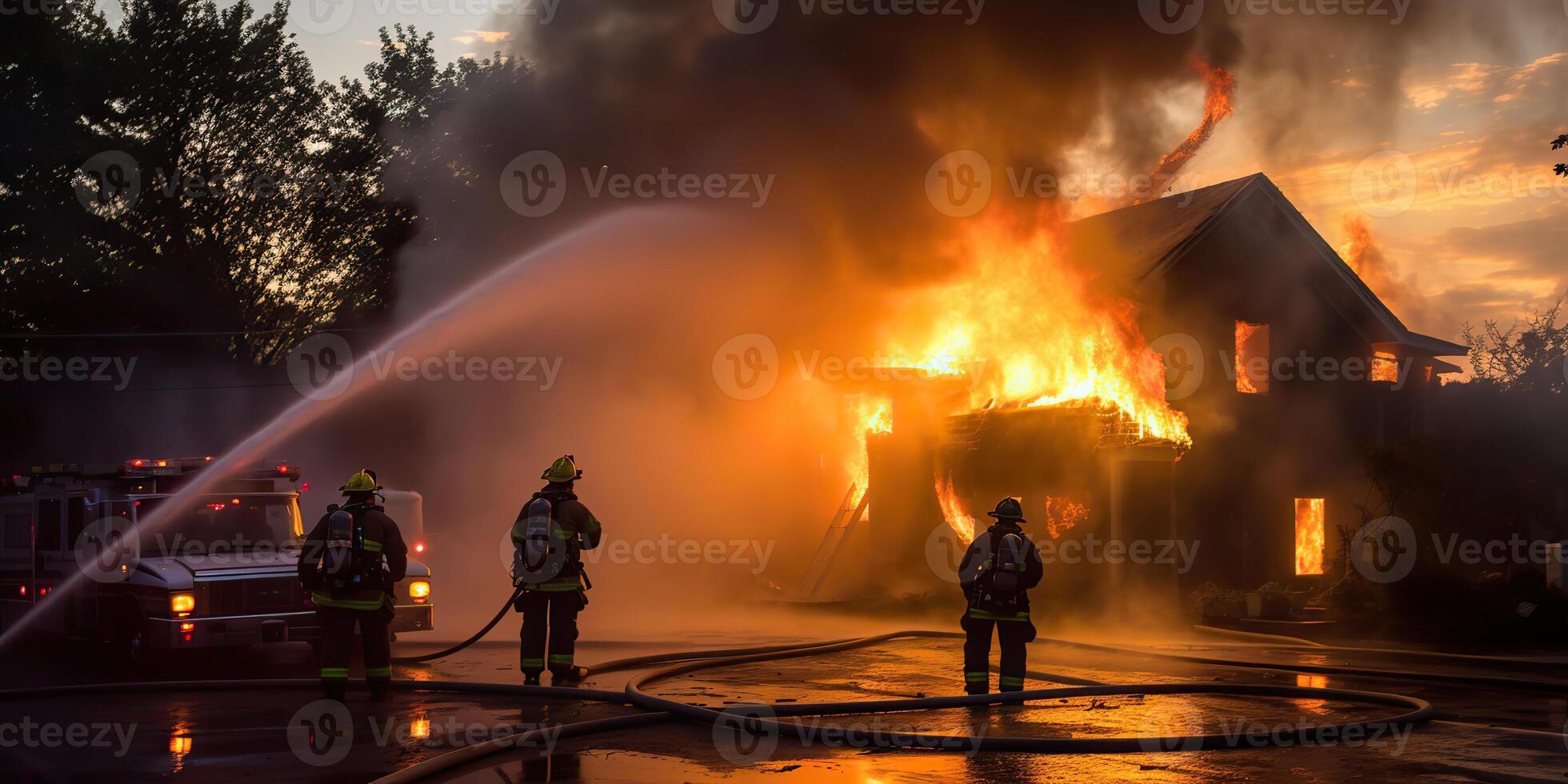 . . Fire firefighter put on water on fire flame house. Motivational hero hard work. Graphic Art photo
