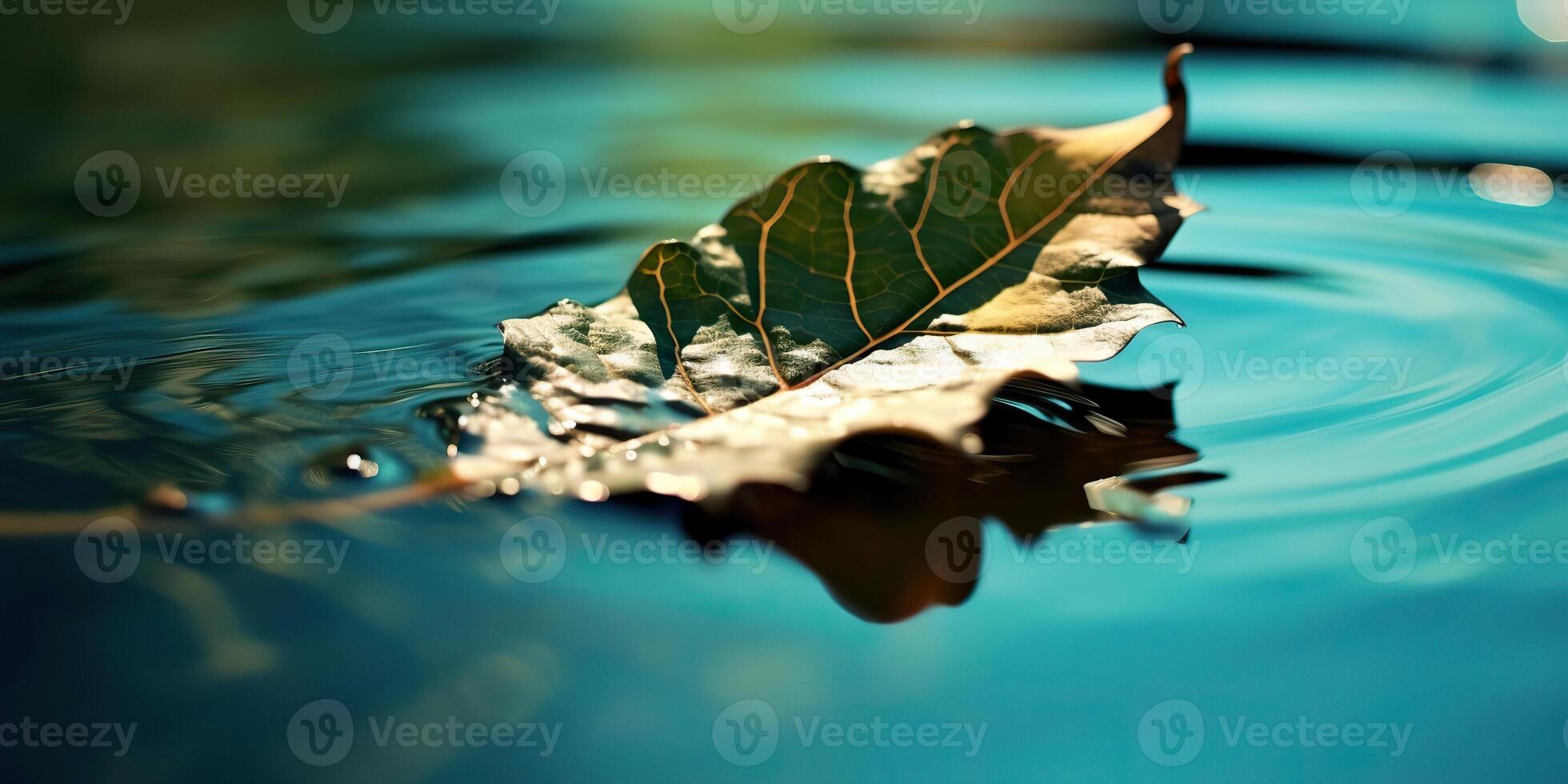 . . Nature outdoor wild leaf floating on blue water sea surface. Adventure plant fall vibe. Graphic Art photo