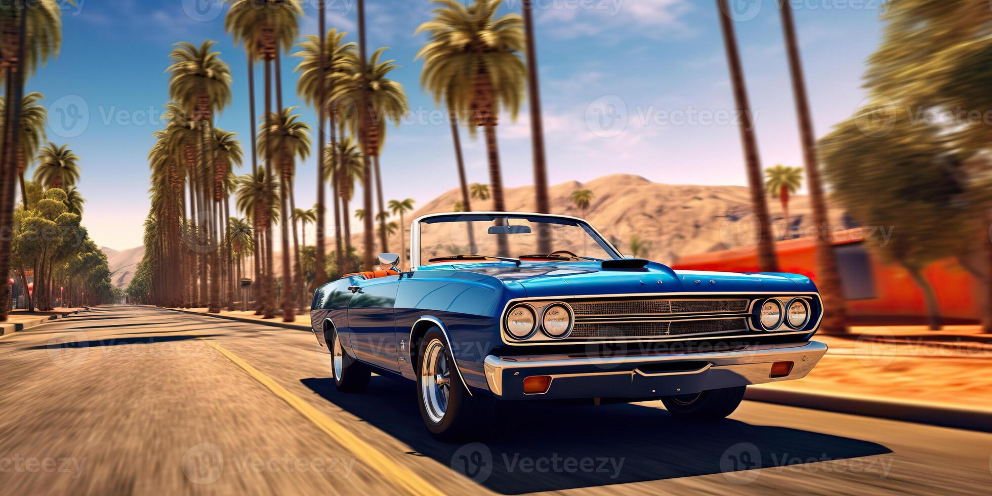 . . Vintage retro classic hotrod muscle car vintage retro on california road trip. Graphic Art photo