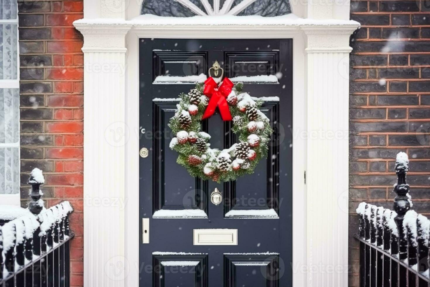 Christmas holiday, country cottage and snowing winter, wreath decoration on a door, Merry Christmas and Happy Holidays wishes, generative ai photo