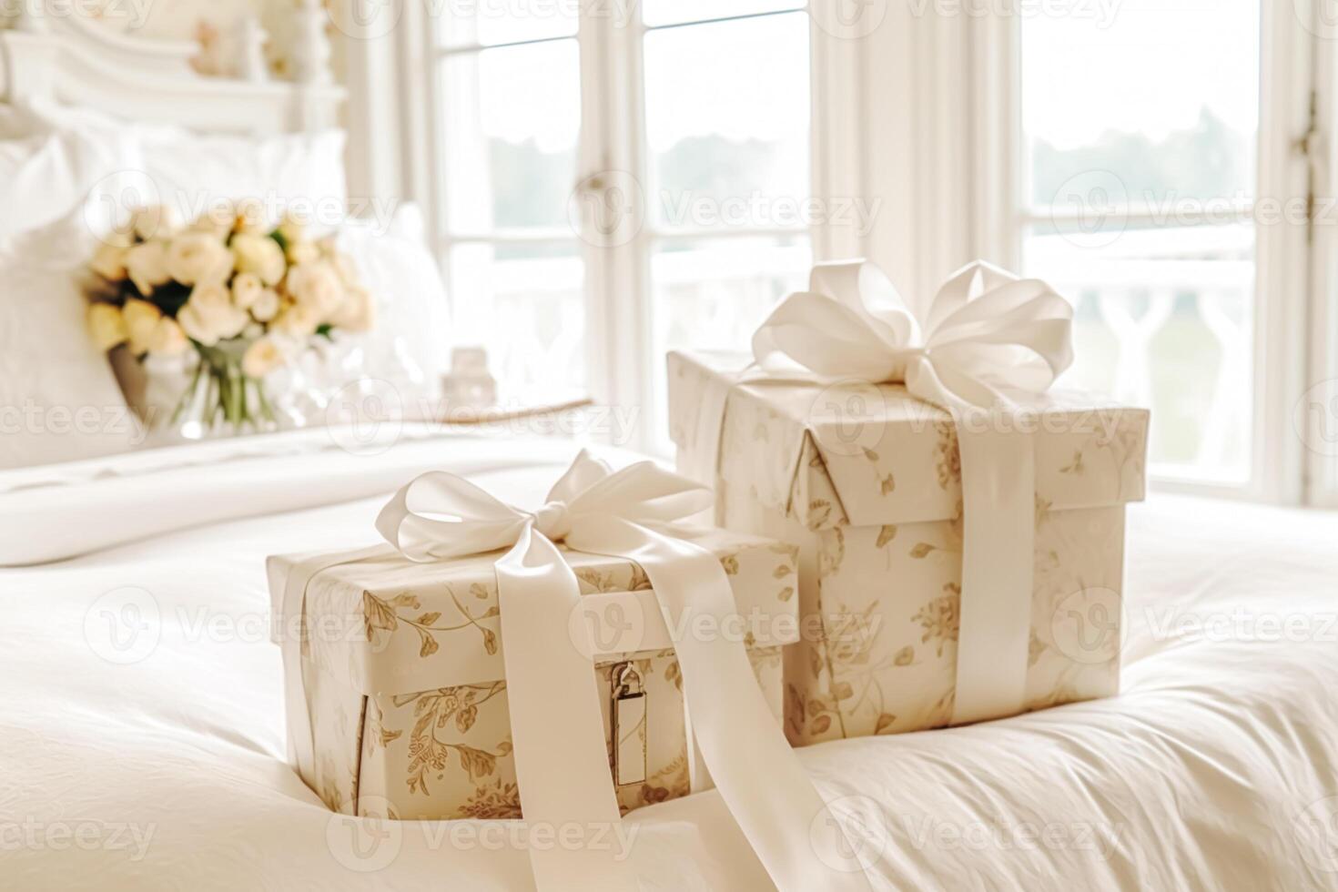 Wedding gifts and flowers in an elegant white bedroom, photo