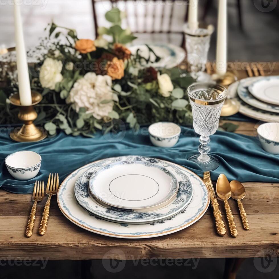 formal fiesta paisaje de mesa con azul decoración, cena mesa configuración, mesa bohordo con elegante vajilla y vajilla para Boda fiesta y evento, generativo ai foto