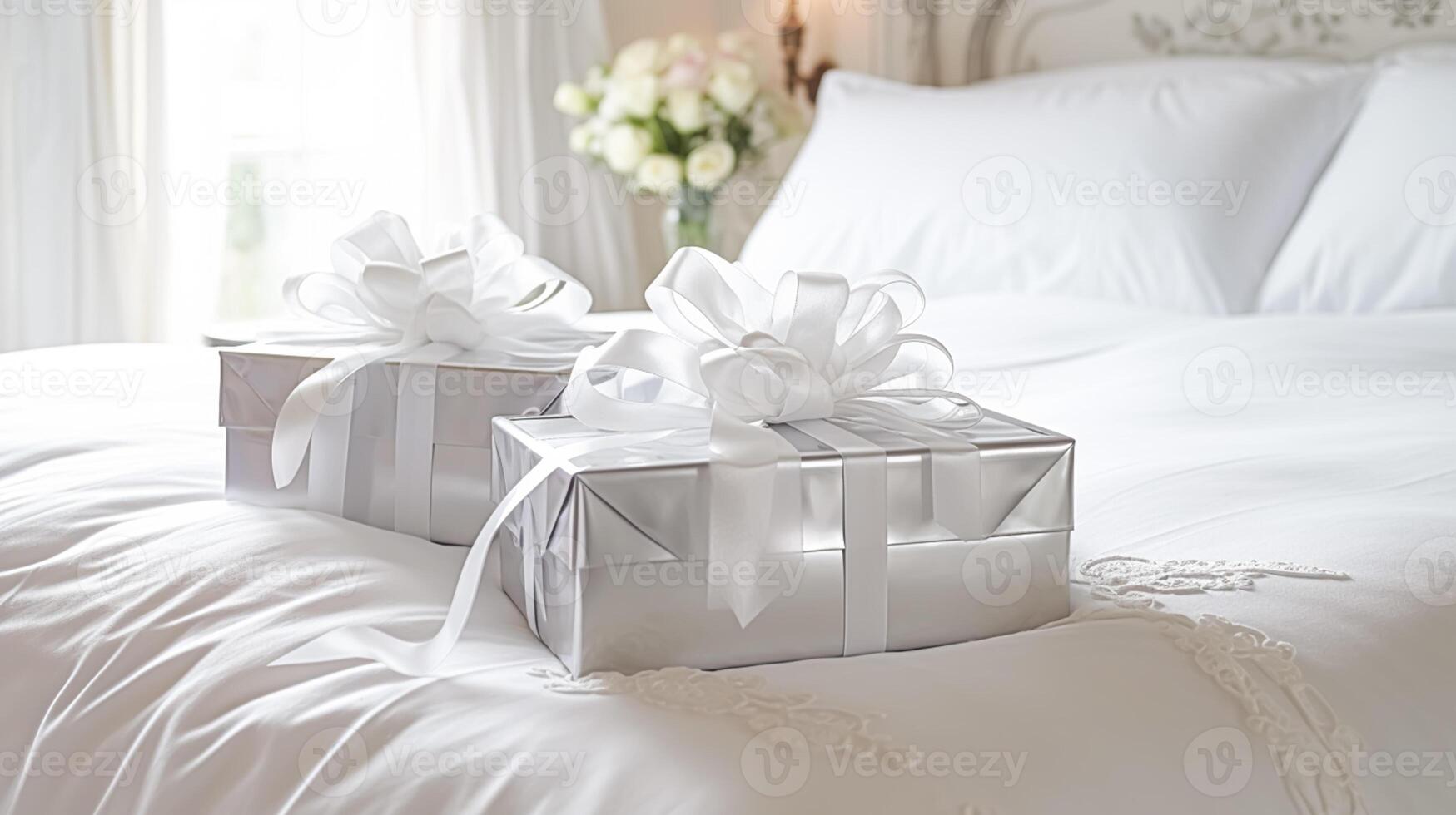 Wedding gifts and flowers in an elegant white bedroom, photo