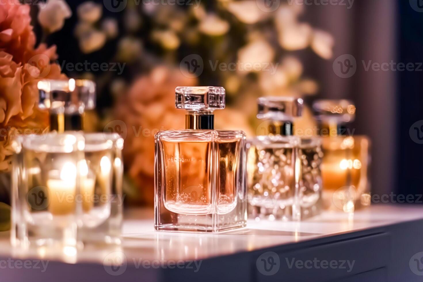 Luxury perfume bottles on display at a presentation, women fragrance scent new exclusive collection, post-processed, photo