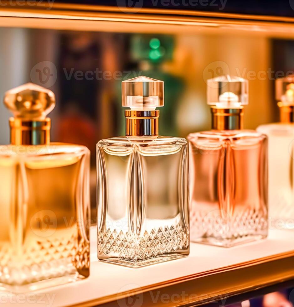 Luxury fragrance bottles at perfume scent at presentation event, bespoke perfumery and beauty product sale, photo