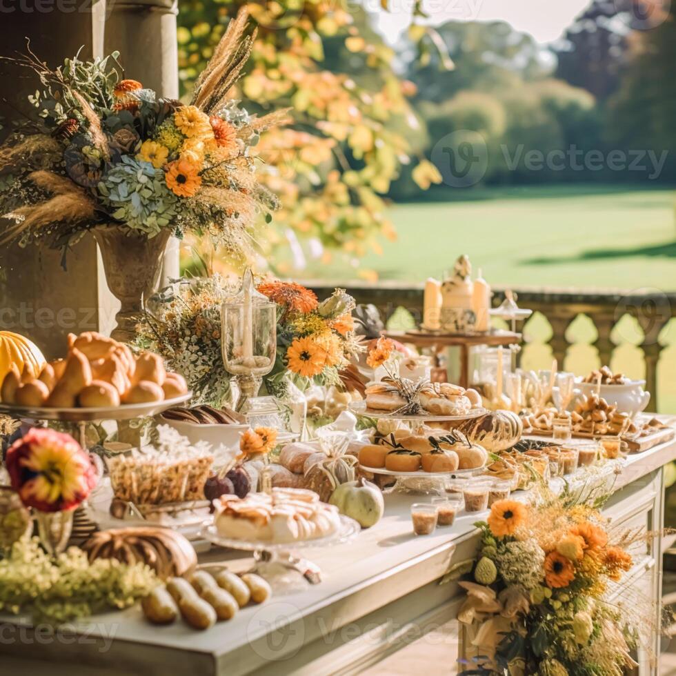 Autumnal dessert buffet table, event food catering for wedding, party and holiday celebration, cakes, sweets and desserts in autumn garden, generative ai photo