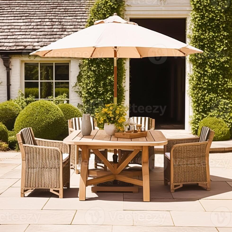 Modern cottage garden furniture, outdoor decor and countryside house patio terrace chairs and table with umbrella, country style, photo