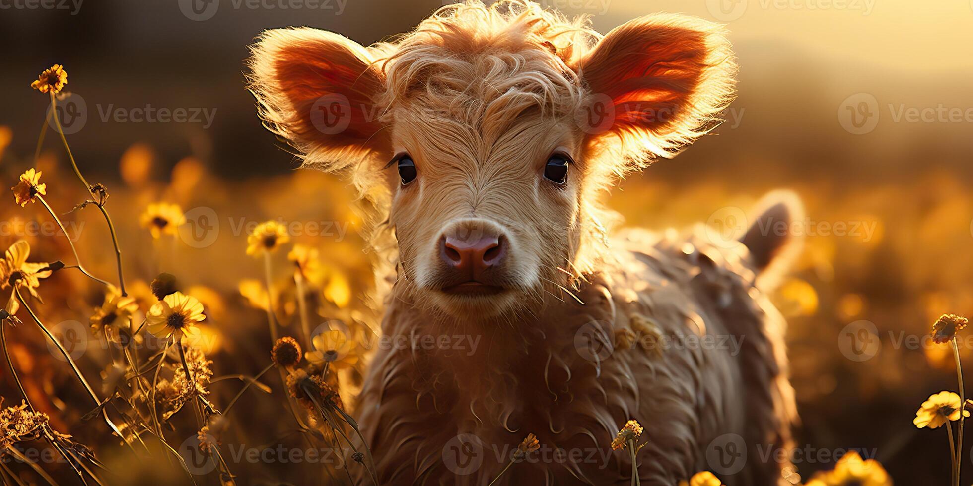 ai generado. ai generativo. hermosa joven ápice becerro en girasol campo a puesta de sol. naturaleza paisaje granja vaca animal onda. gráfico Arte foto