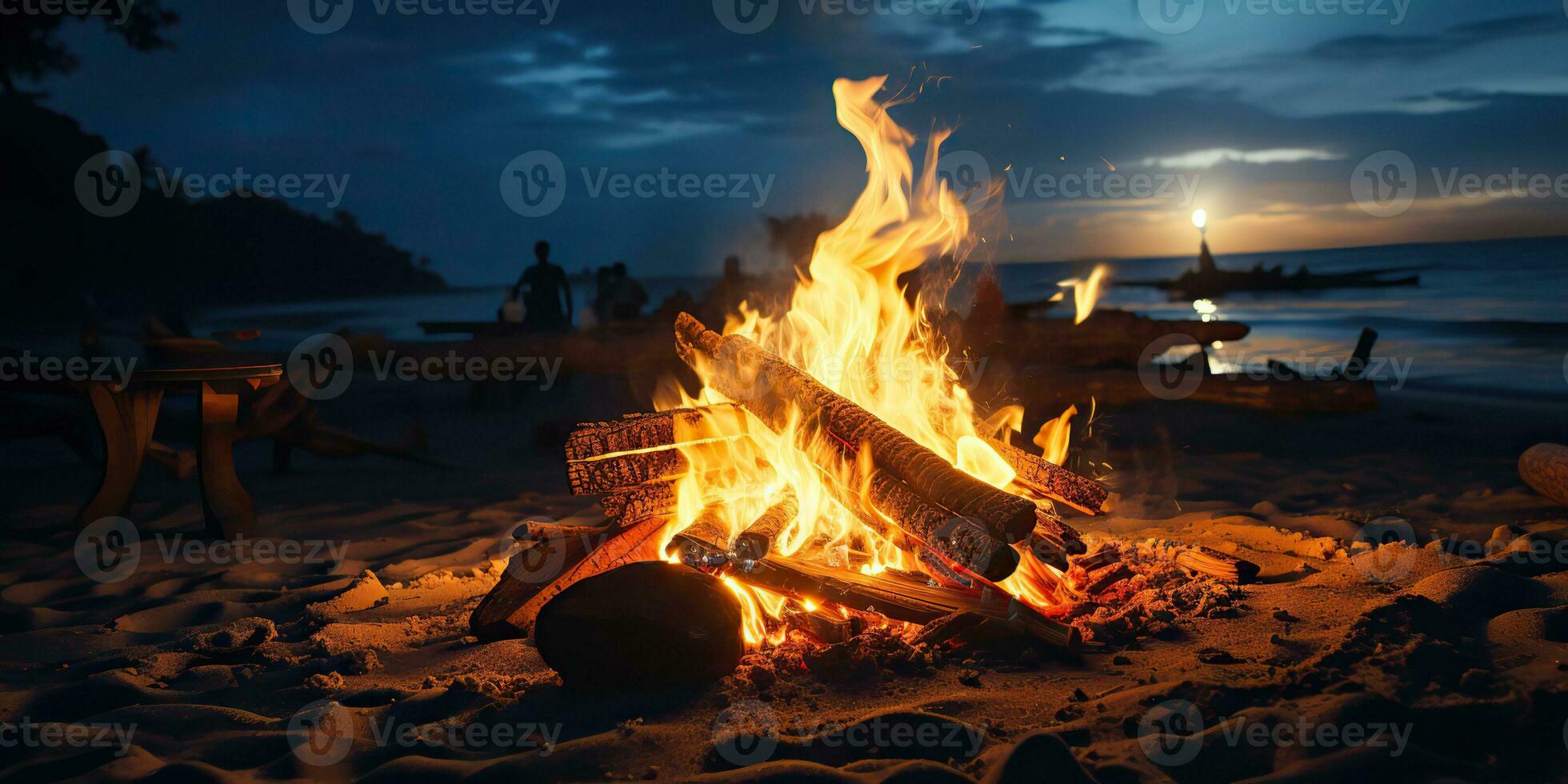 AI Generated. AI Generative. Sunset evening night bonfire campfire fire wood at sea ocean coast beach sand. Adventure vacation trip camping vibe. Graphic Art photo