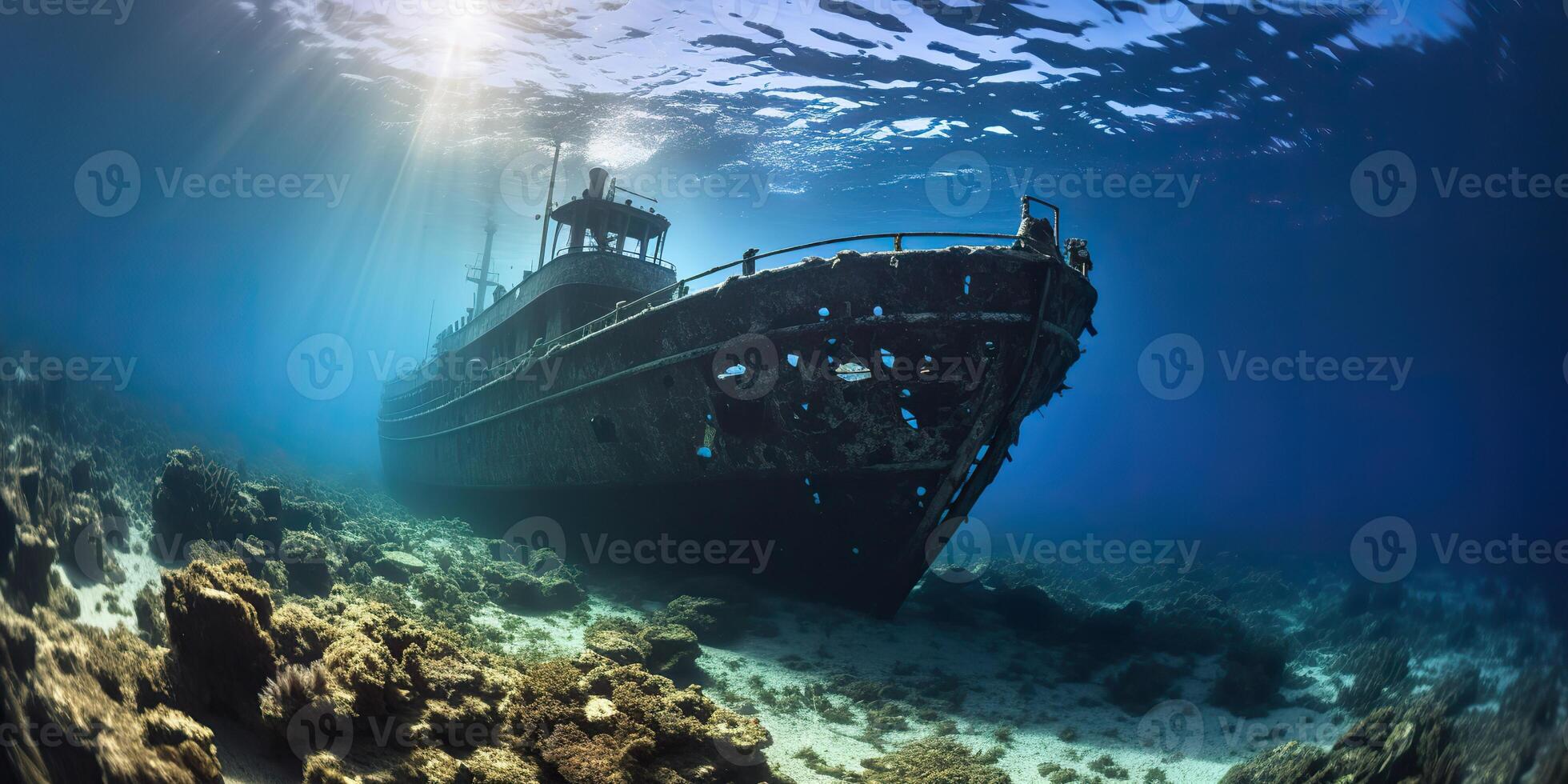 . . Under water sea ocean scuba difing adventures. Underwater explore trip old histiry ship. Nautical marine deep bluew vibe.Graphic Art photo