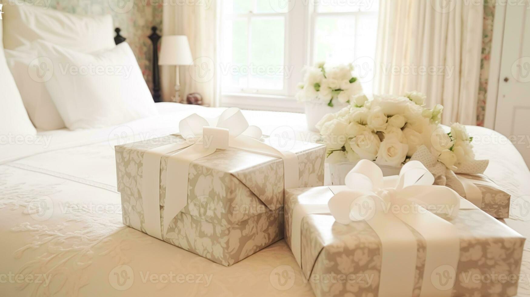 Wedding gifts and flowers in an elegant white bedroom, generative ai photo