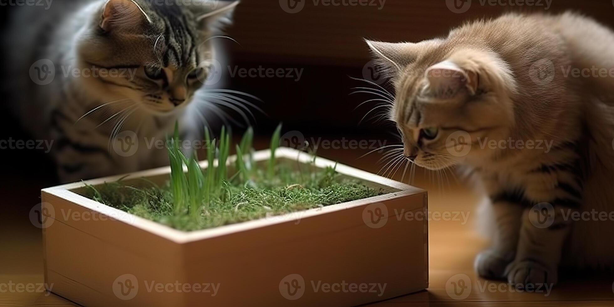 . . Cats with catnip on photo eat healthy plant together. Love pet romantic pets. Graphic Art