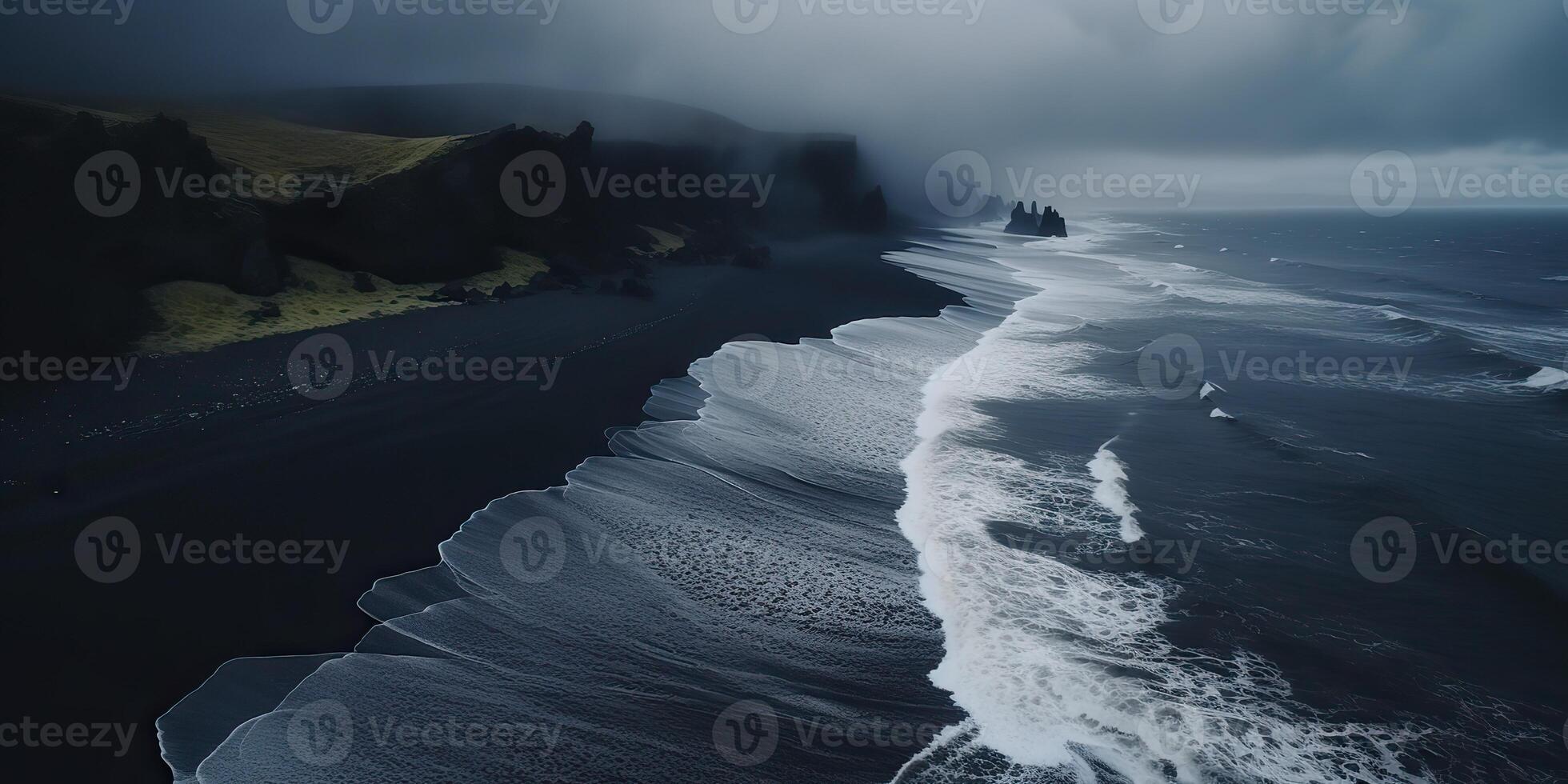 AI Generated. AI Generative. Iceland aerial air drone view. Cost beach ocean wave line. Black sand landscape. Adventure nature travel vibe. Graphic Art photo