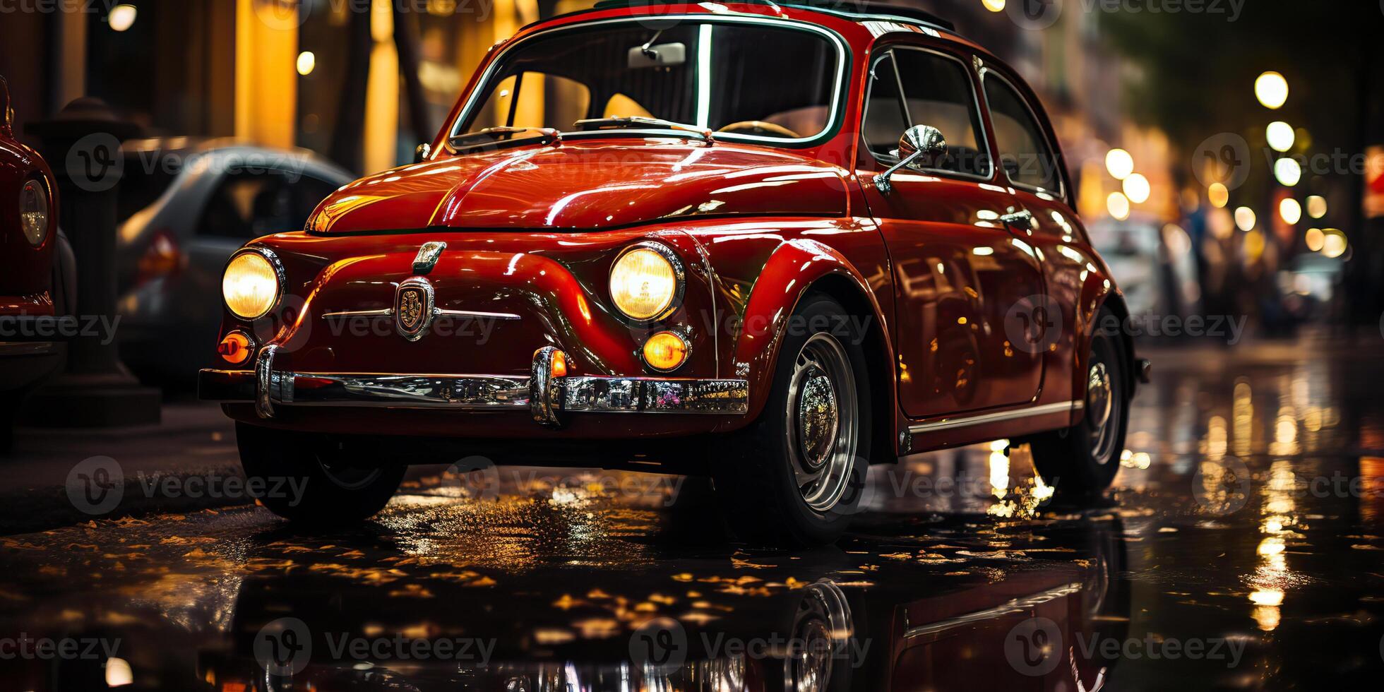 . . Classic retro vintage nostalgia car fiat 500 on small Italy evening street city. Graphic Art photo