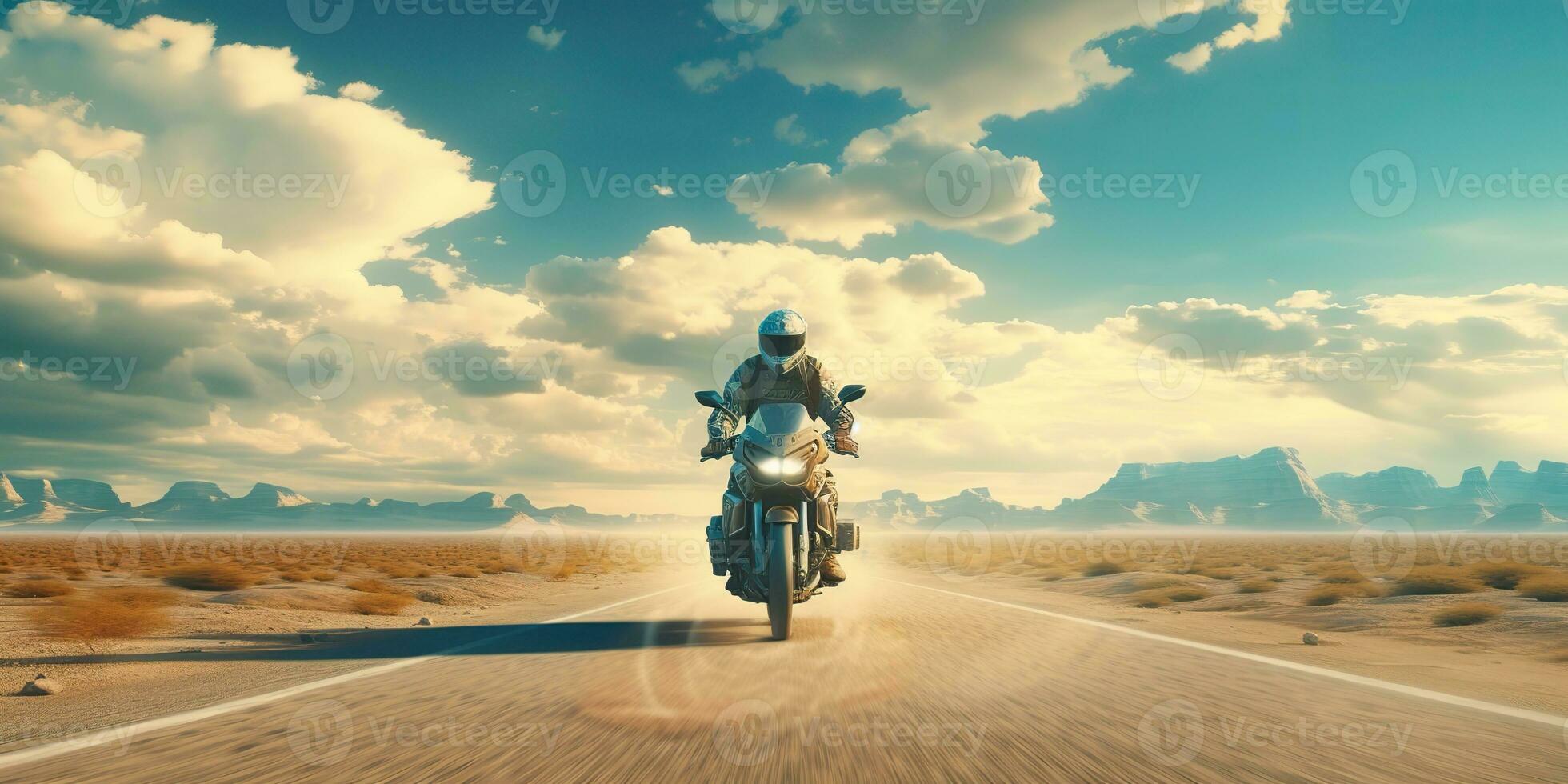 AI Generated. AI Generative. Desert sand road mountain bike motorcycle cross futuristic. Adventure trip road move vibe. Graphic Art photo