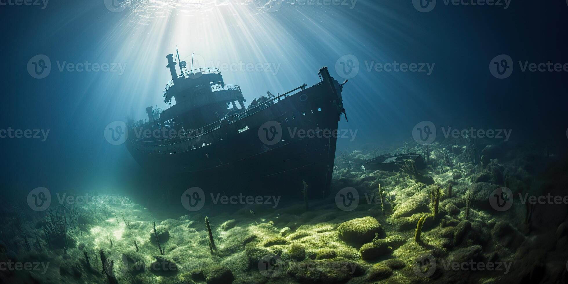 . . Under water sea ocean scuba difing adventures. Underwater explore trip old histiry ship. Nautical marine deep bluew vibe.Graphic Art photo