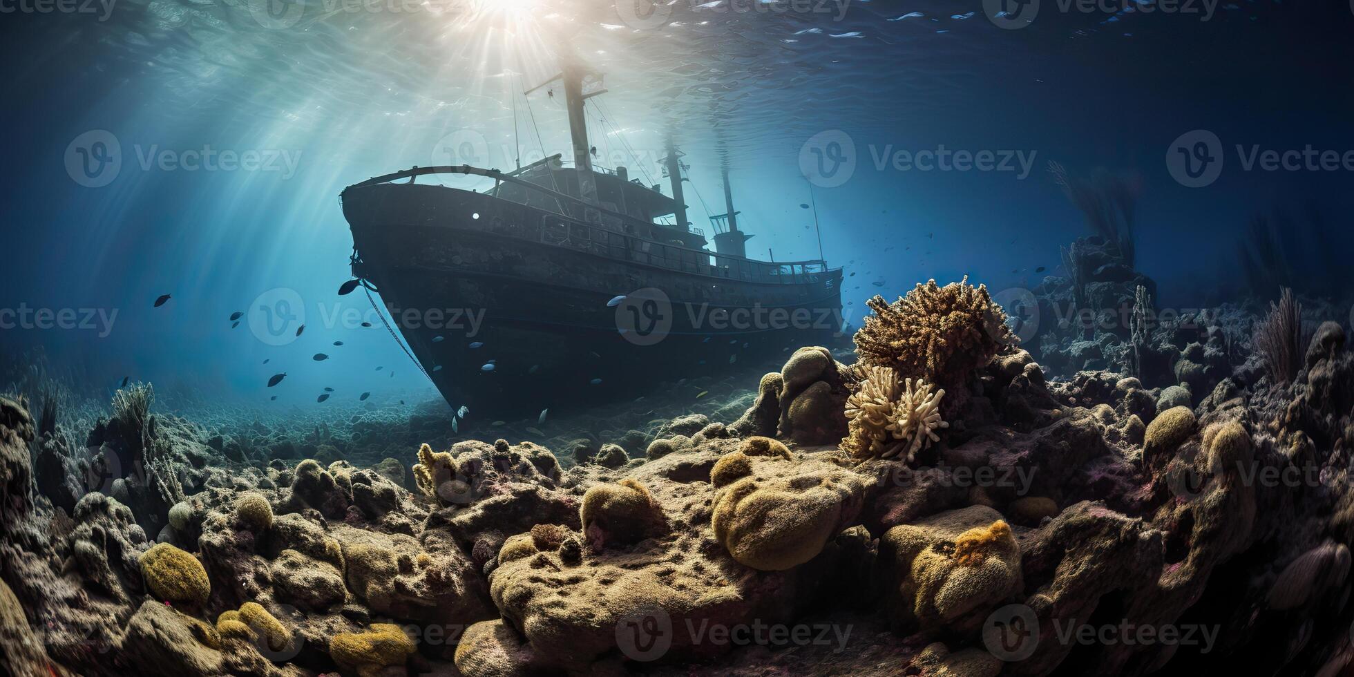 . . Under water sea ocean scuba difing adventures. Underwater explore trip old histiry ship. Nautical marine deep bluew vibe.Graphic Art photo