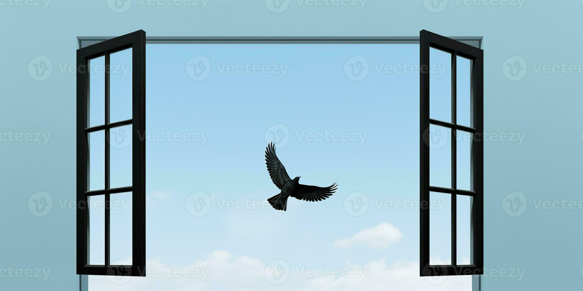 AI Generated. AI Generative. Wild open window with flying bird. Free freedom nature go away life vibe. Graphic Art photo