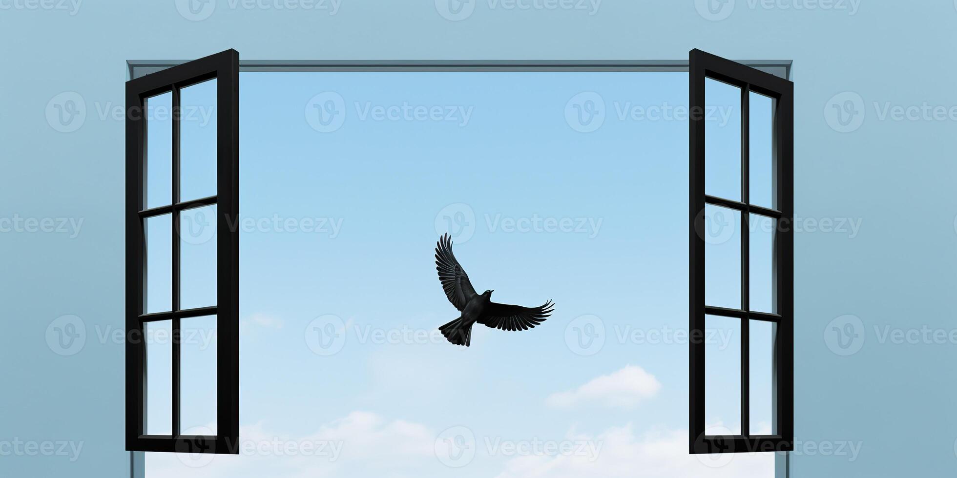 . . Wild open window with flying bird. Free freedom nature go away life vibe. Graphic Art photo