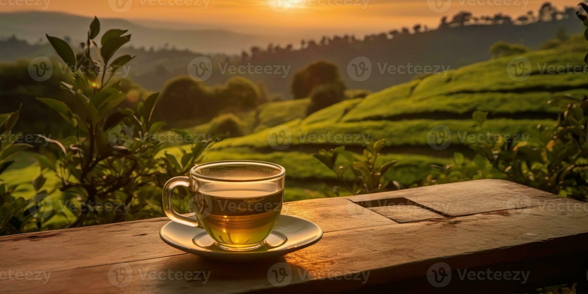 AI Generated. AI Generative. Cup of green tea with field green plantation mountain background scene. Graphic Art photo