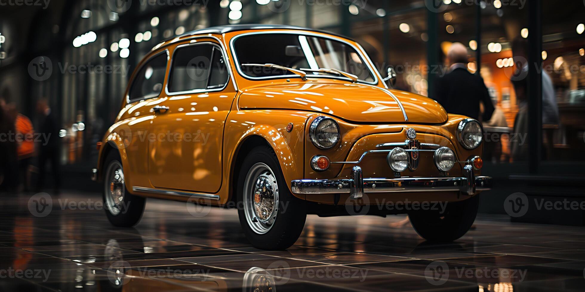 . . Classic retro vintage nostalgia car fiat 500 on small Italy evening street city. Graphic Art photo