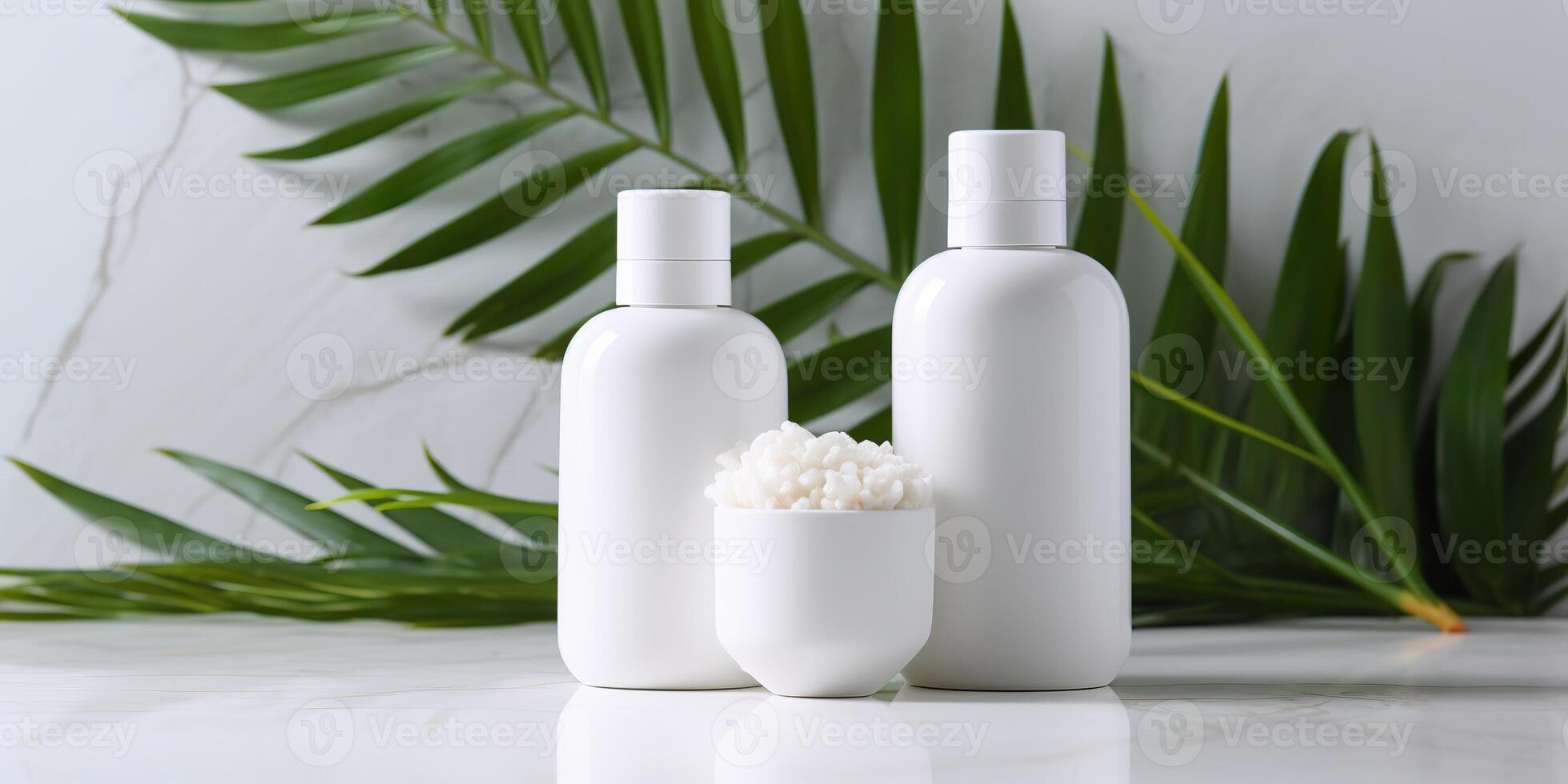 AI Generated. AI Generative. Beauty spa health care cosmetic spa bottles mockup with green eco leaf plant. Graphic Art photo