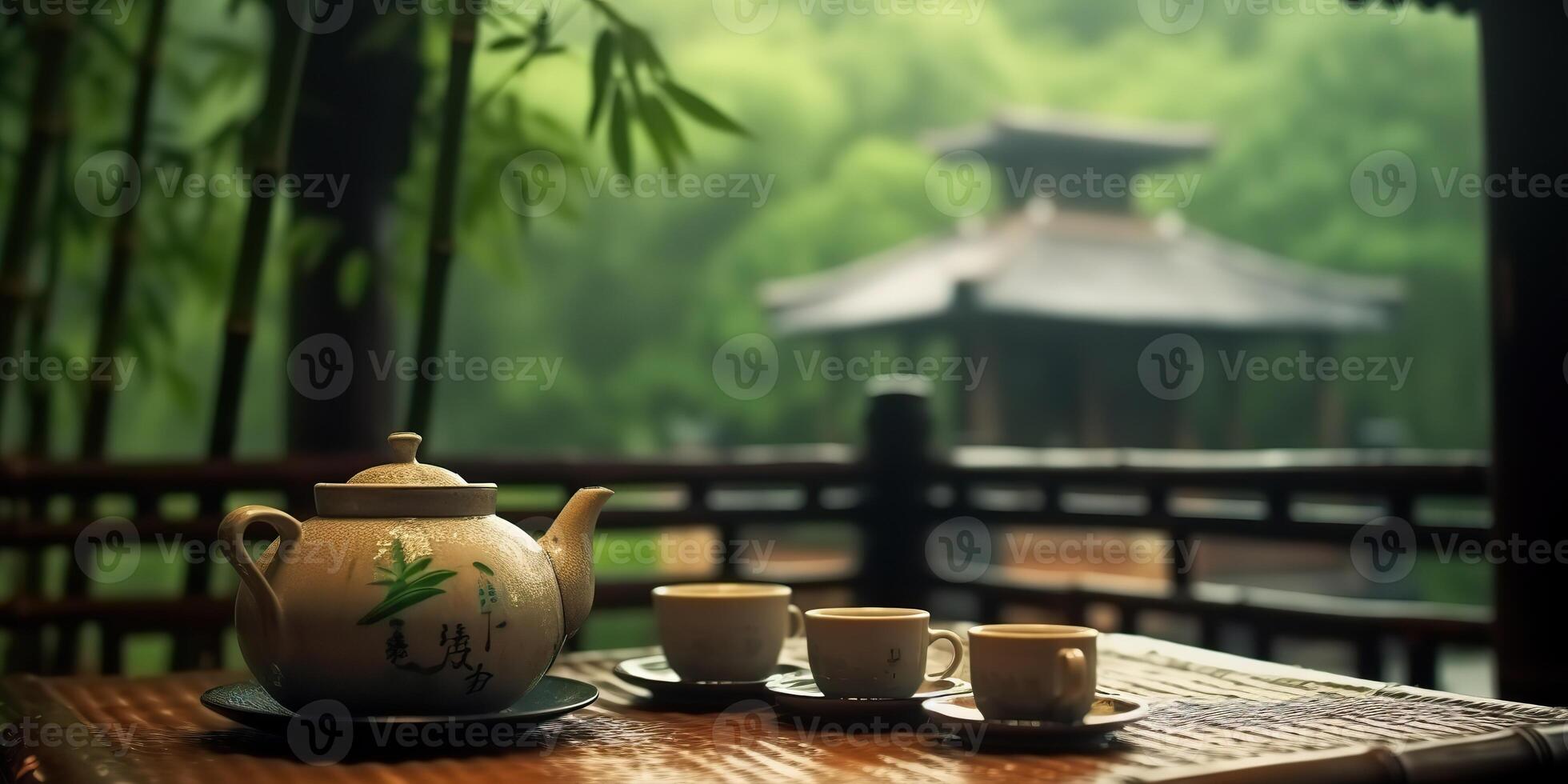 AI Generated. AI Generative. Chinese temple with tea set on bamboo. table. Asian traditional architecture decor design. Adventure meditaion vibe. Graphic Art photo