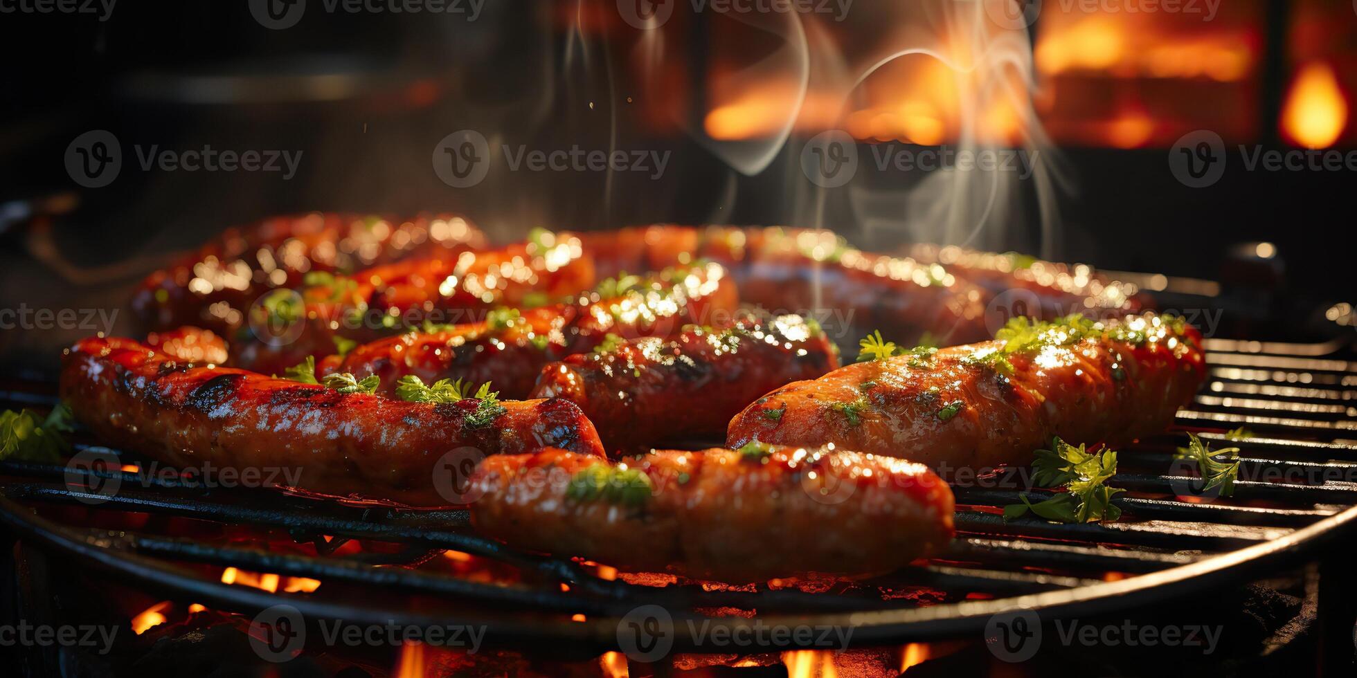 AI Generated. AI Generative. BBQ grill barbecuse steak beed pork sausages on fire preapring meat food. Party garden restaurant vibe. Graphic Art photo