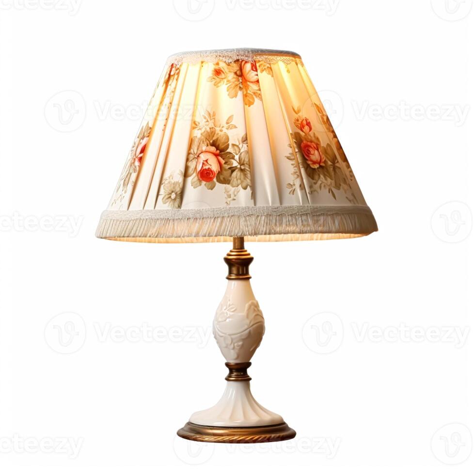 Vintage country style antique table lamp with a beautiful lampshade design isolated on white background, interior design and cottage home decor, post-processed, photo