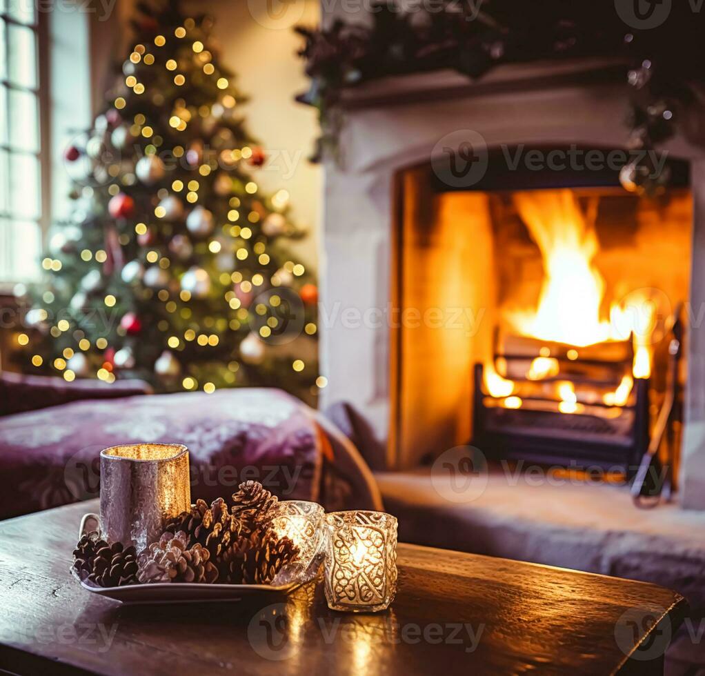 Navidad, fiesta decoración y país cabaña estilo, acogedor atmósfera, decorado Navidad árbol en el Inglés campo casa vivo habitación con chimenea, interior decoración foto