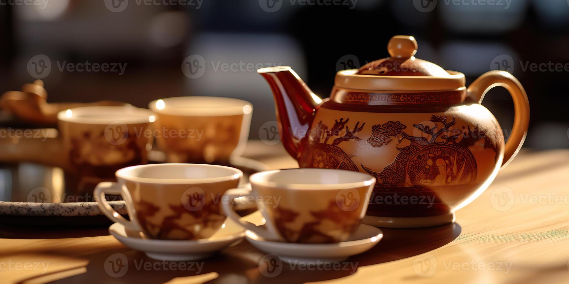 . . Traditional classit vintage retro ceremony chinese asia te teapot cup table ritual wooden table. Calm inner peace relax beverage time vibe. Graphic Art photo