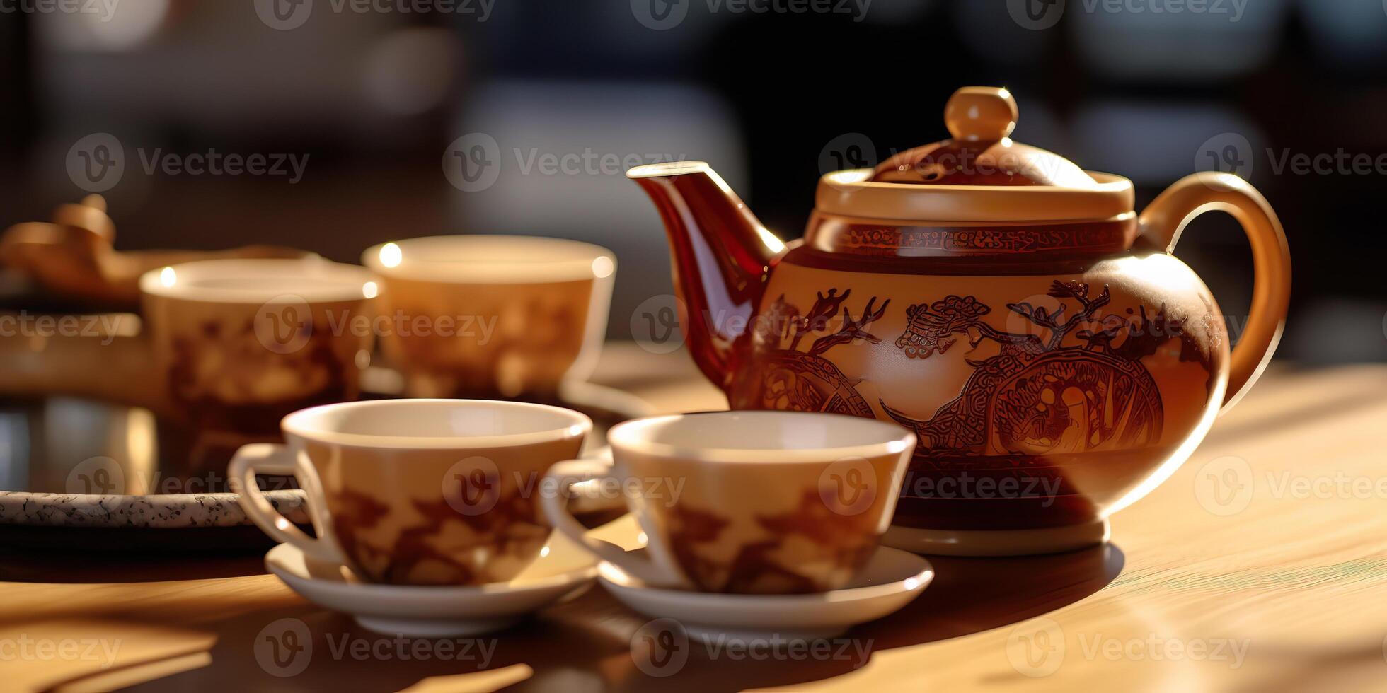 AI Generated. AI Generative. Traditional classit vintage retro ceremony chinese asia te teapot cup table ritual wooden table. Calm inner peace relax beverage time vibe. Graphic Art photo