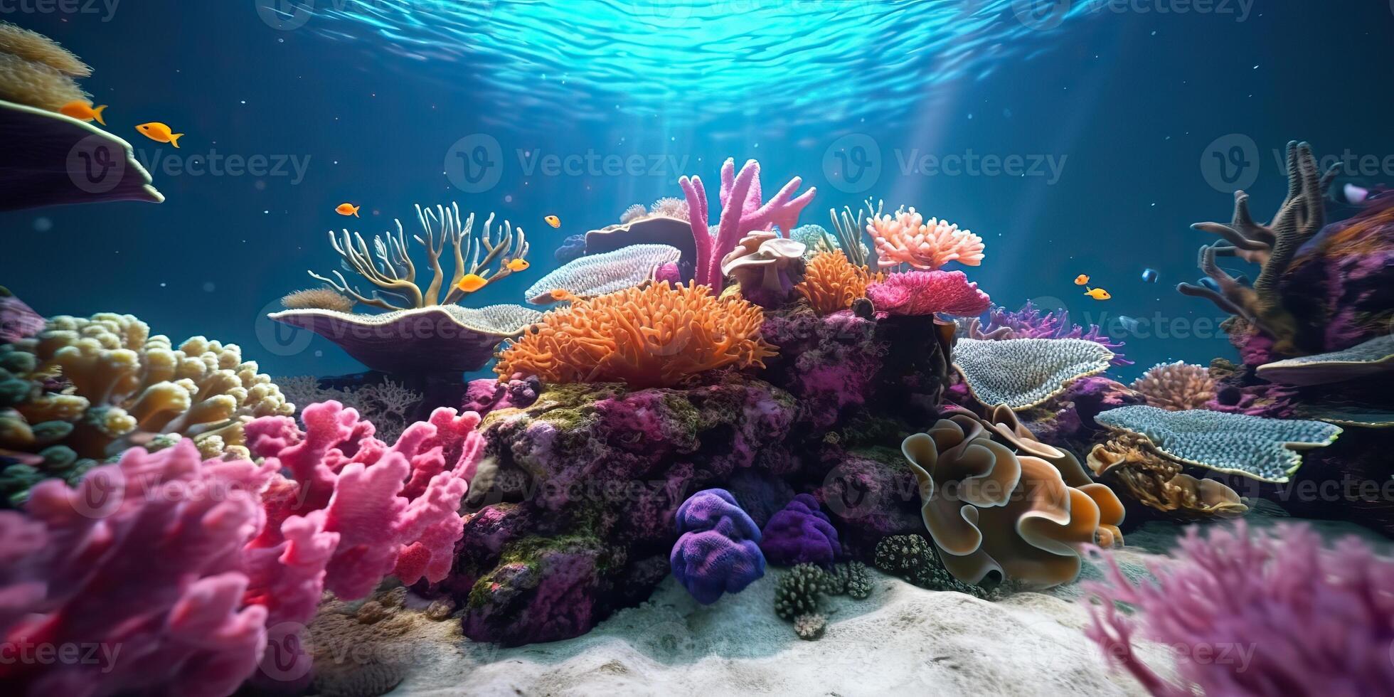 . . Underwater scuba dining scene background. Shell, starfish, coral, fish surface. Adventure vacation explore vibe. Graphic Art photo