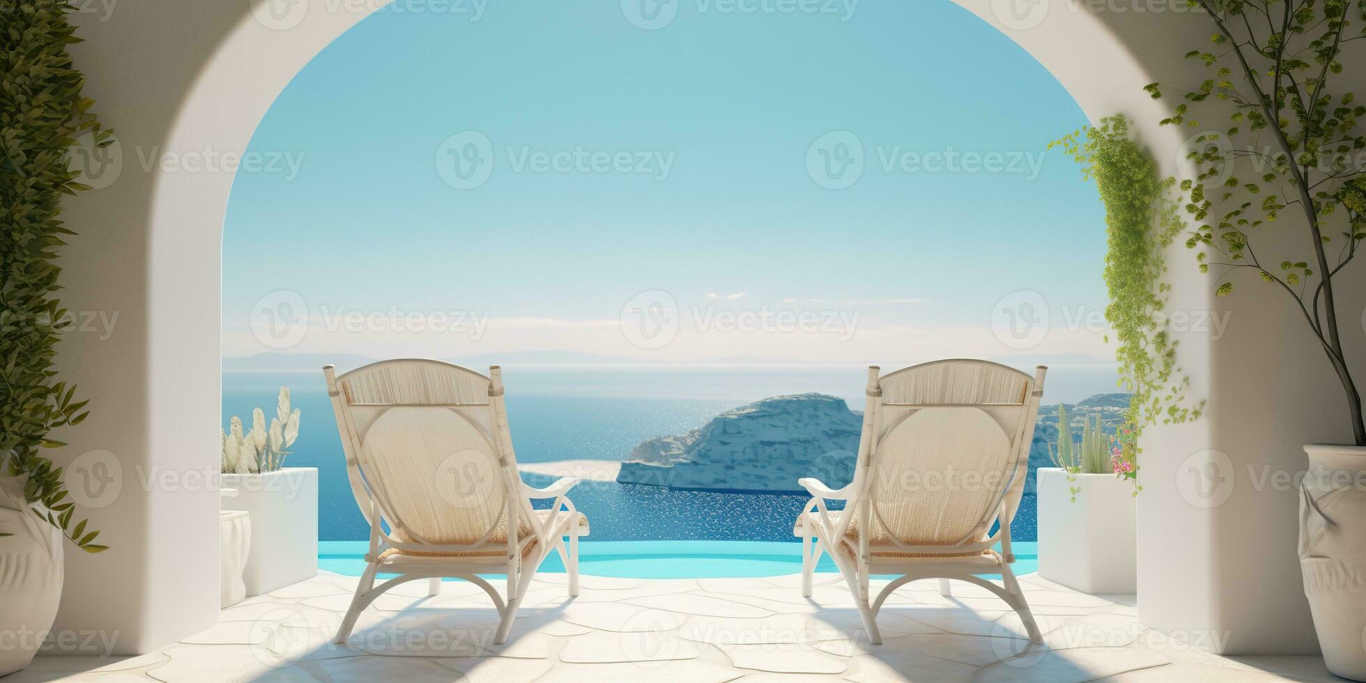 AI Generated. AI Generative. Vacation relax adventure vibe. Two white wood chair at pool ocean hotel villa. Blue and white colors. Graphic Art photo