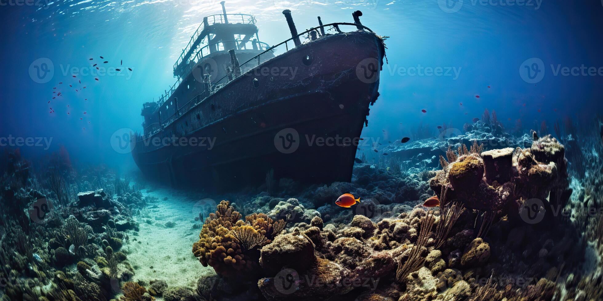 . . Under water sea ocean scuba difing adventures. Underwater explore trip old histiry ship. Nautical marine deep bluew vibe.Graphic Art photo