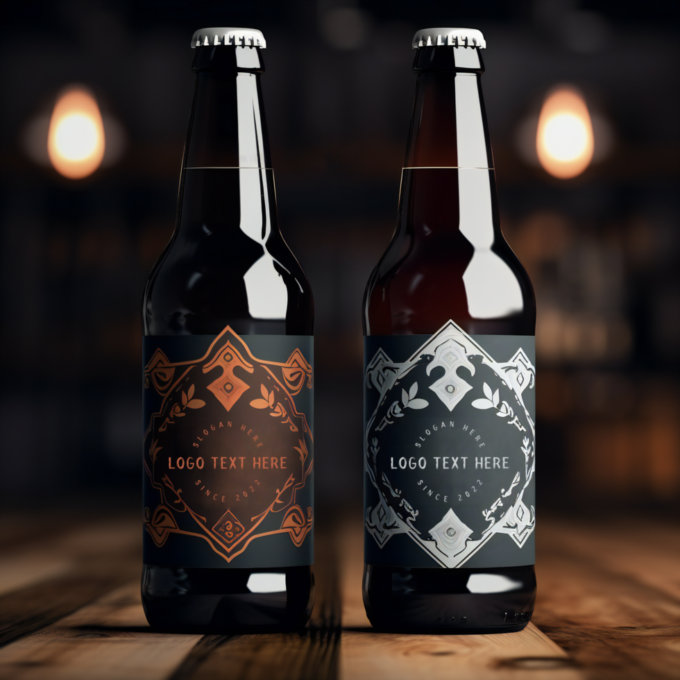 Two bottles of different sizes are on a wooden table . psd