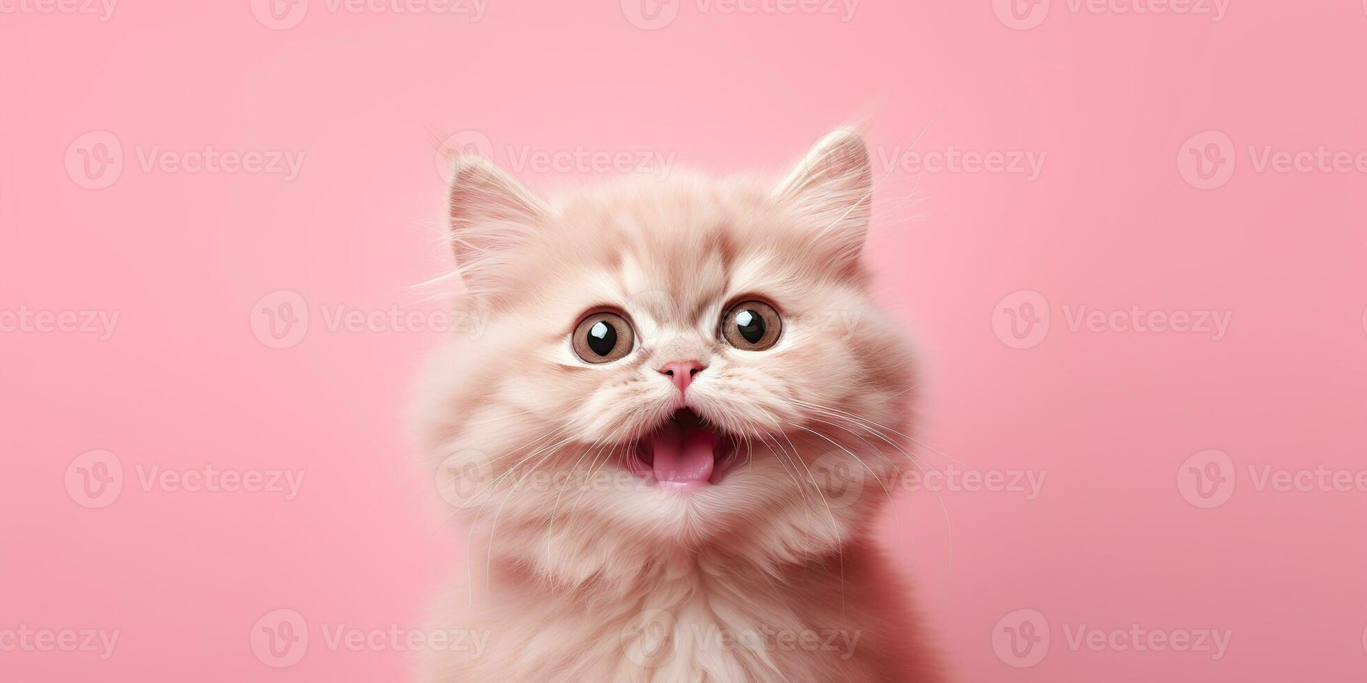 AI Generated. AI Generative. face frontal cute funny cate portrait on pink background. Happy animal pet promotion vibe. Graphic Art photo