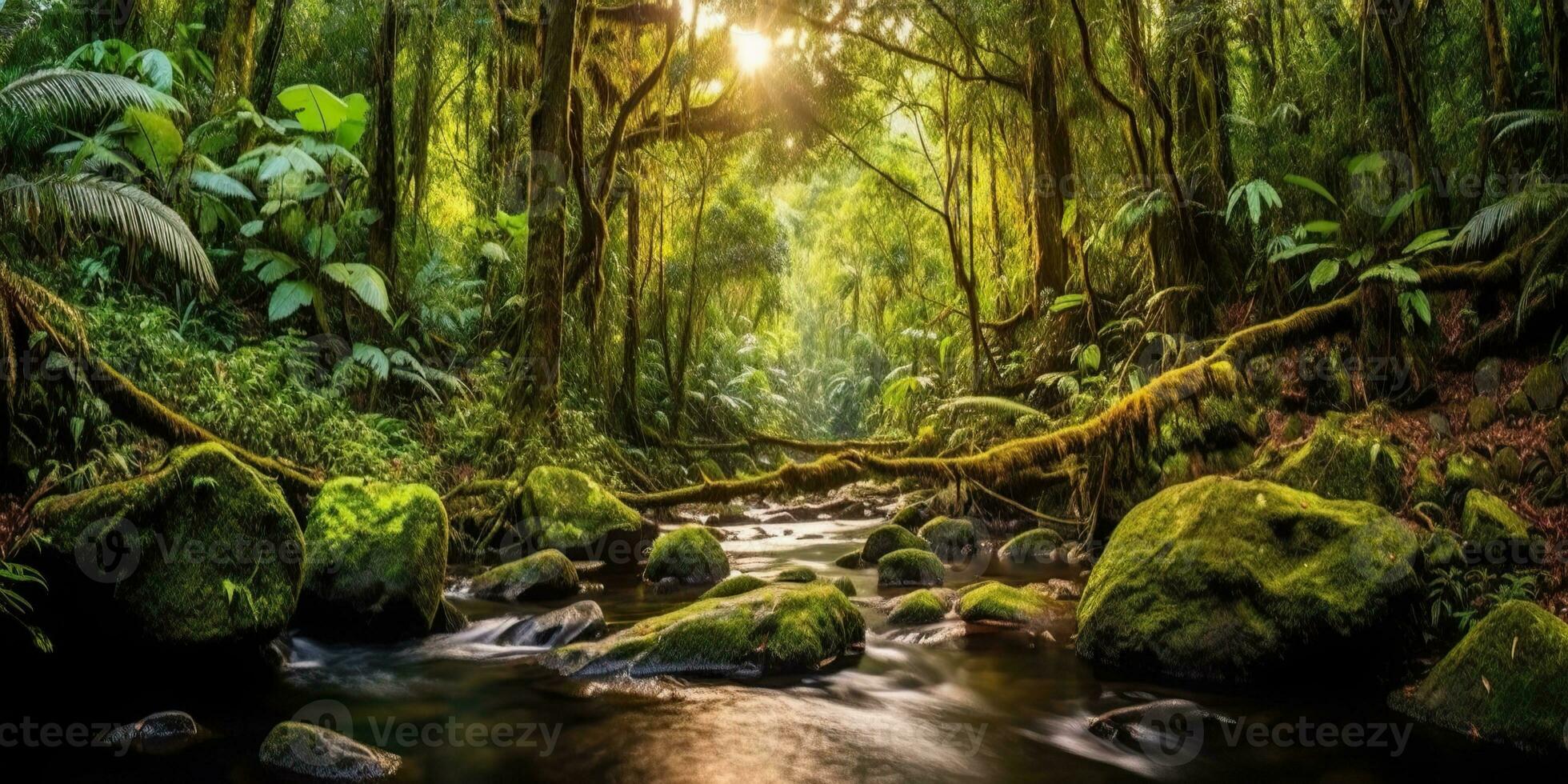 ai generado. ai generativo. naturaleza al aire libre salvaje paisaje bosque selva río escena. aventuras viaje explorar onda. gráfico Arte foto