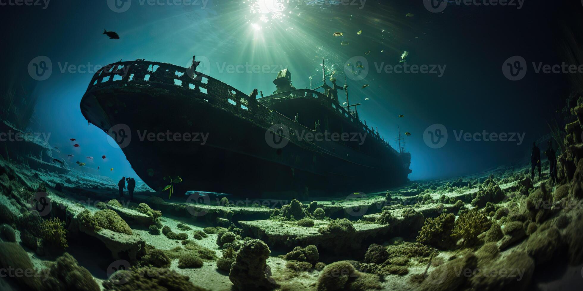 . . Under water sea ocean scuba difing adventures. Underwater explore trip old histiry ship. Nautical marine deep bluew vibe.Graphic Art photo