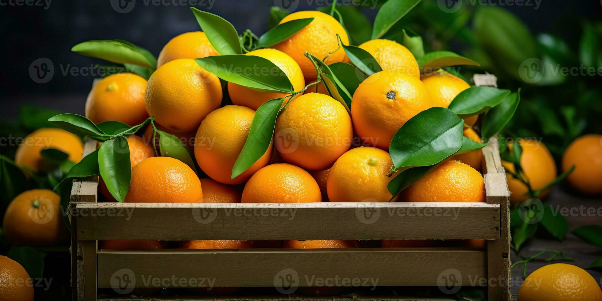 AI Generated. AI Generative. Wood box of fresh oranges. Farm harvest eco nature organic fruit health product. Graphic Art photo