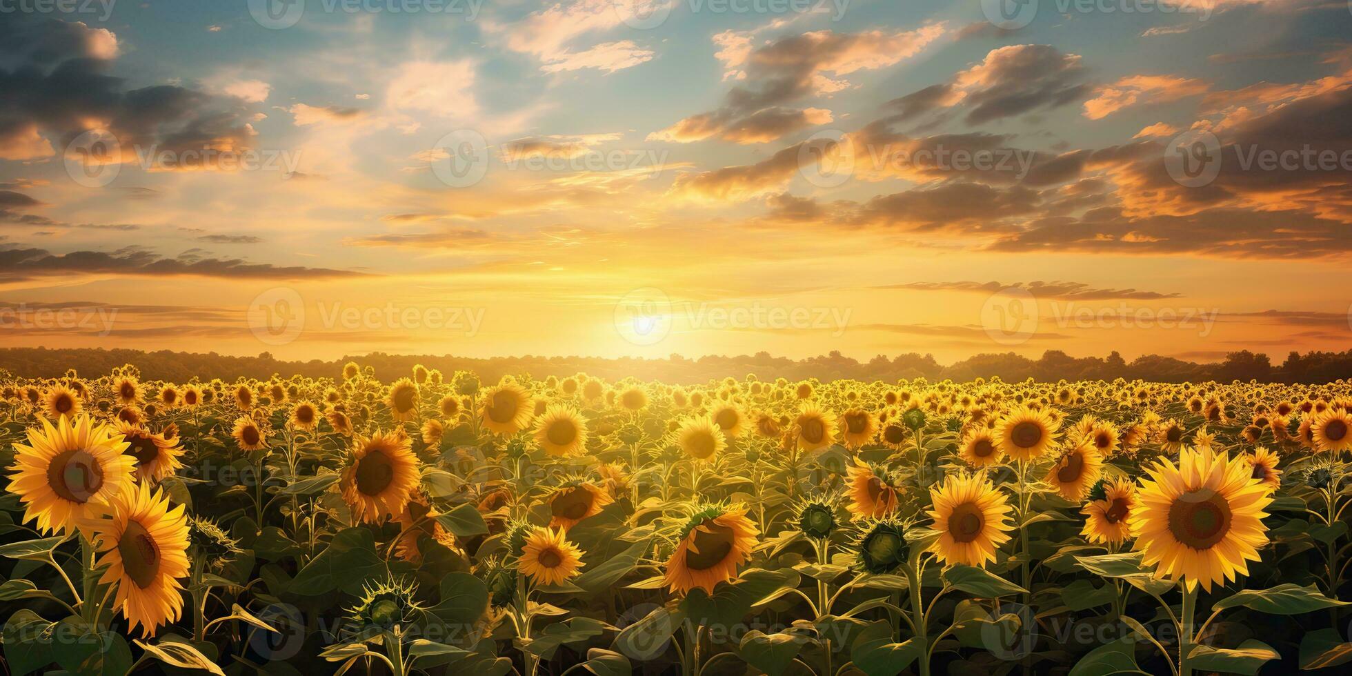 AI Generated. AI Generative. Retro illustration of sunflower sun flower field landscape. Nature outdoor farm harvest plant vibe. Graphic Art photo