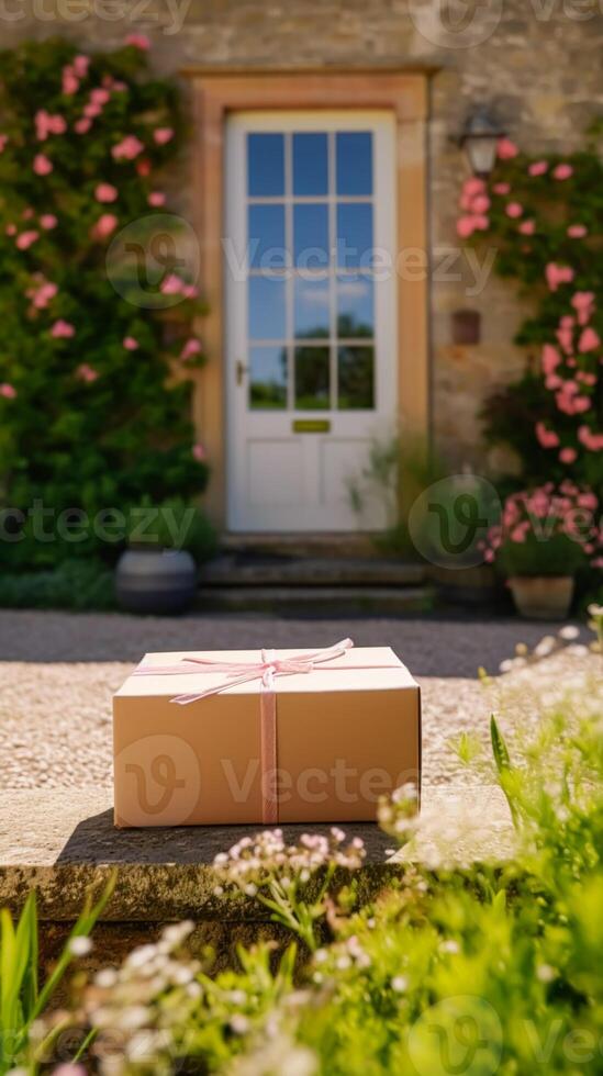 Elegant gift shop delivery, postal service and luxury online shopping, parcel box with a bow on a house doorstep in the countryside, generative ai photo